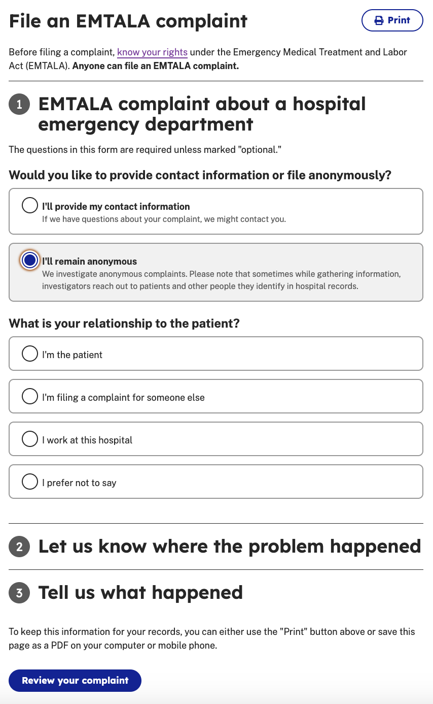 Screenshot of EMTALA complaint form with anonymous selected.
