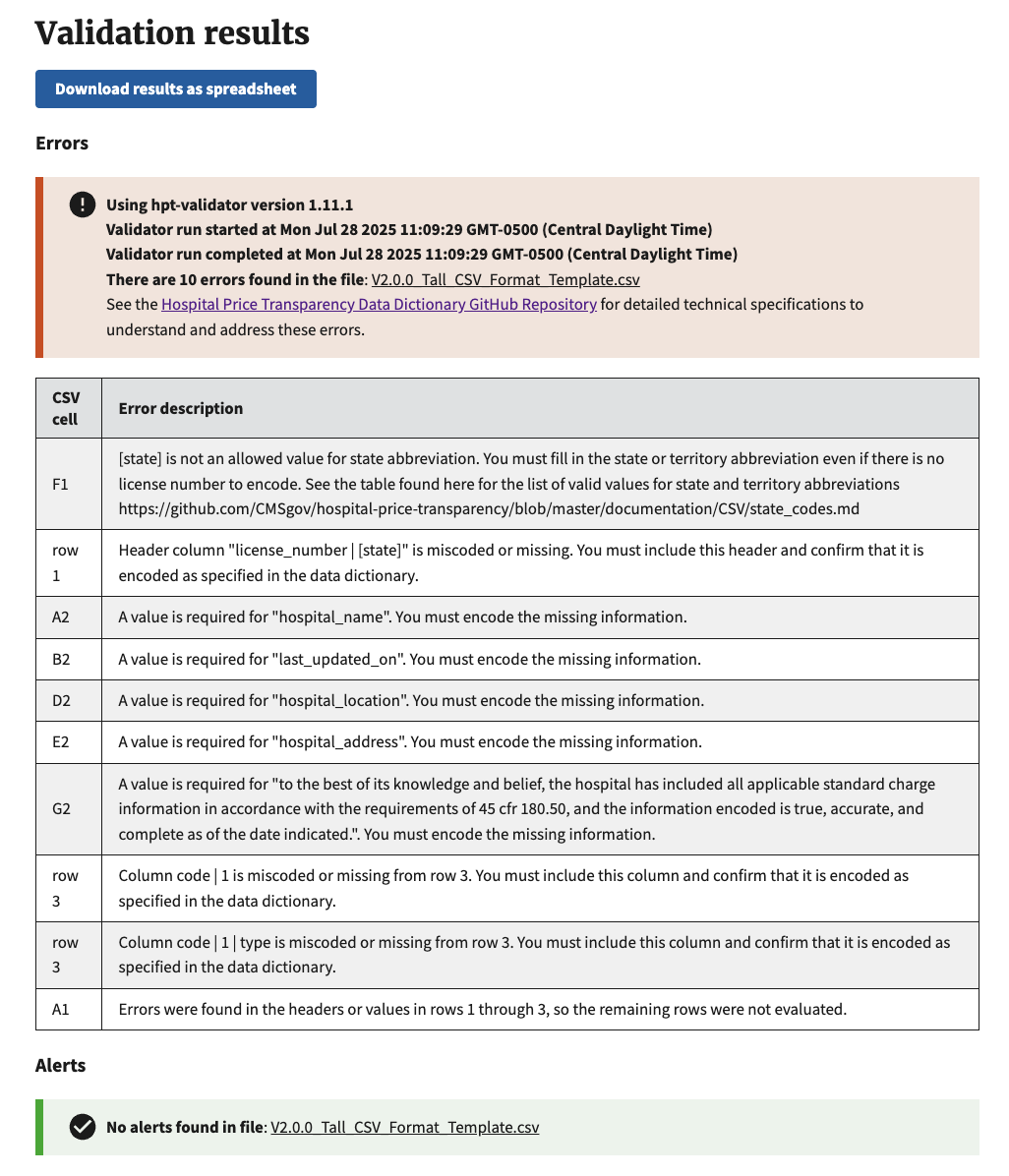 Hospital Price Transparency Results page