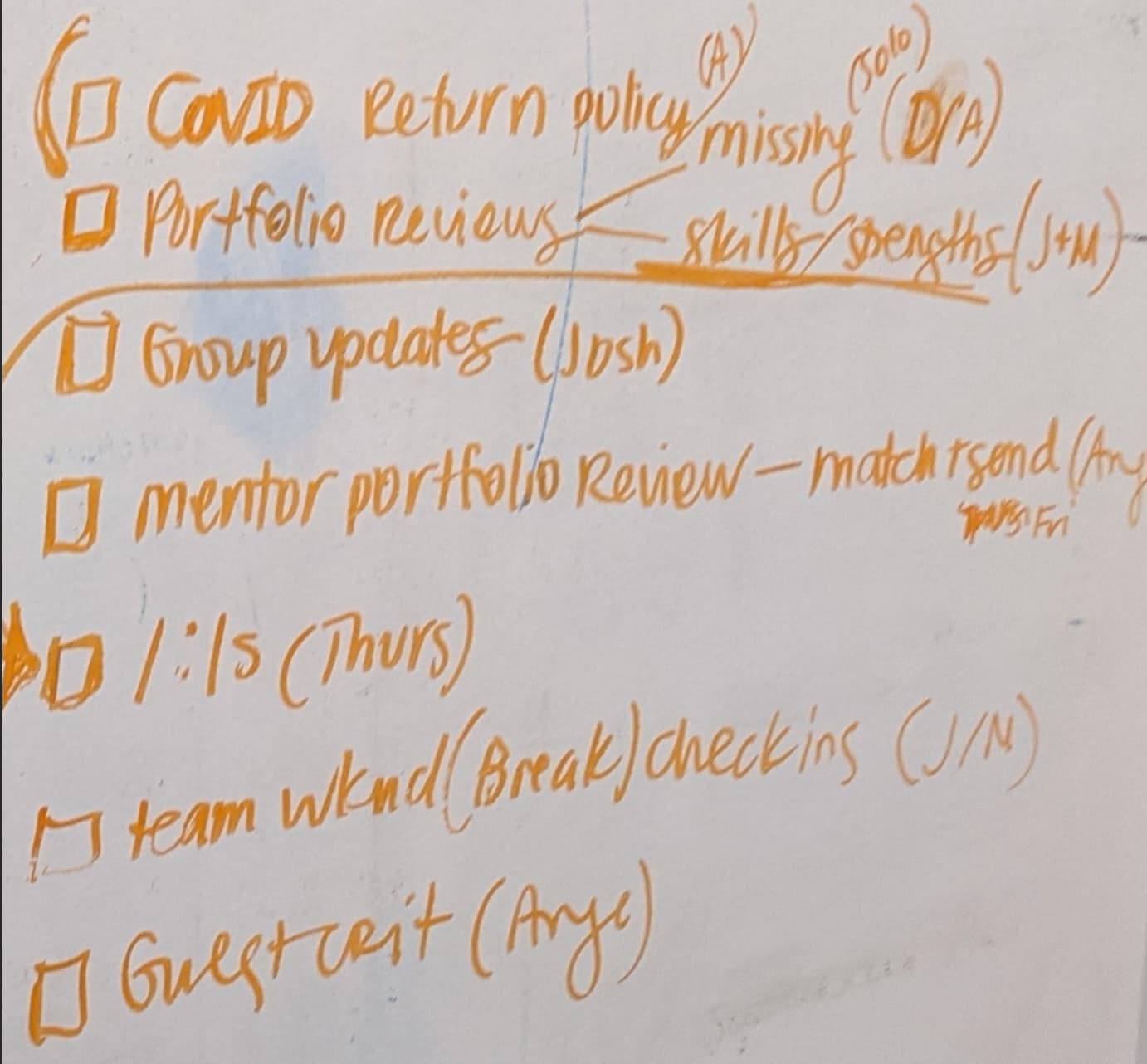 Picture of a whiteboard with a curriculum. At the top states: COVID-19 Policy