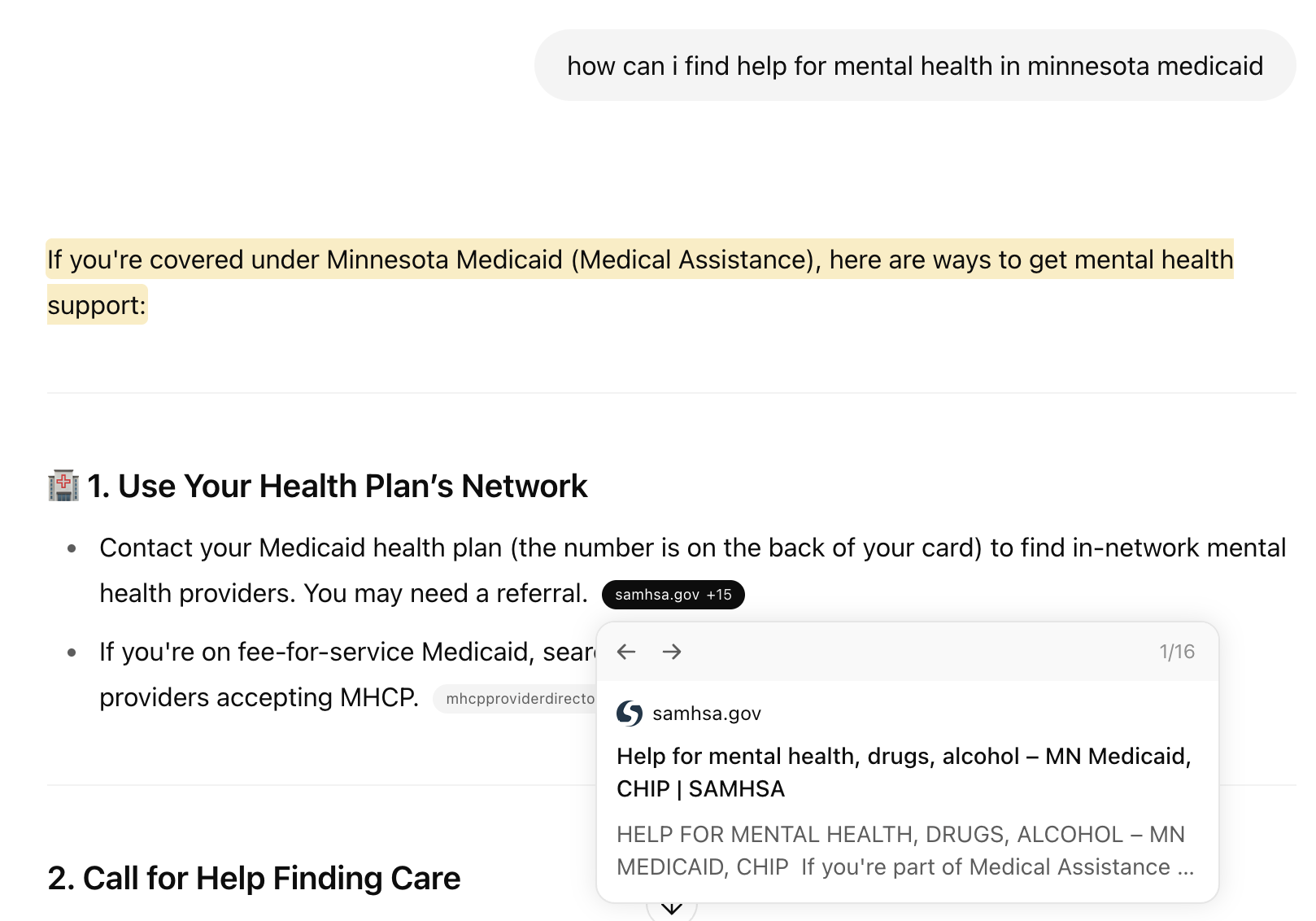 Chat GPT serving up Findsupport.gov content when asked about state resources..