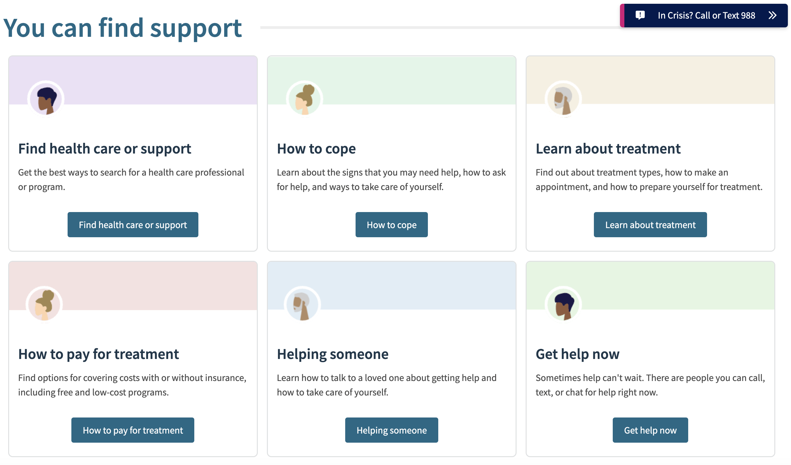 Findsupport on desktop, showing navigation for different care options.
