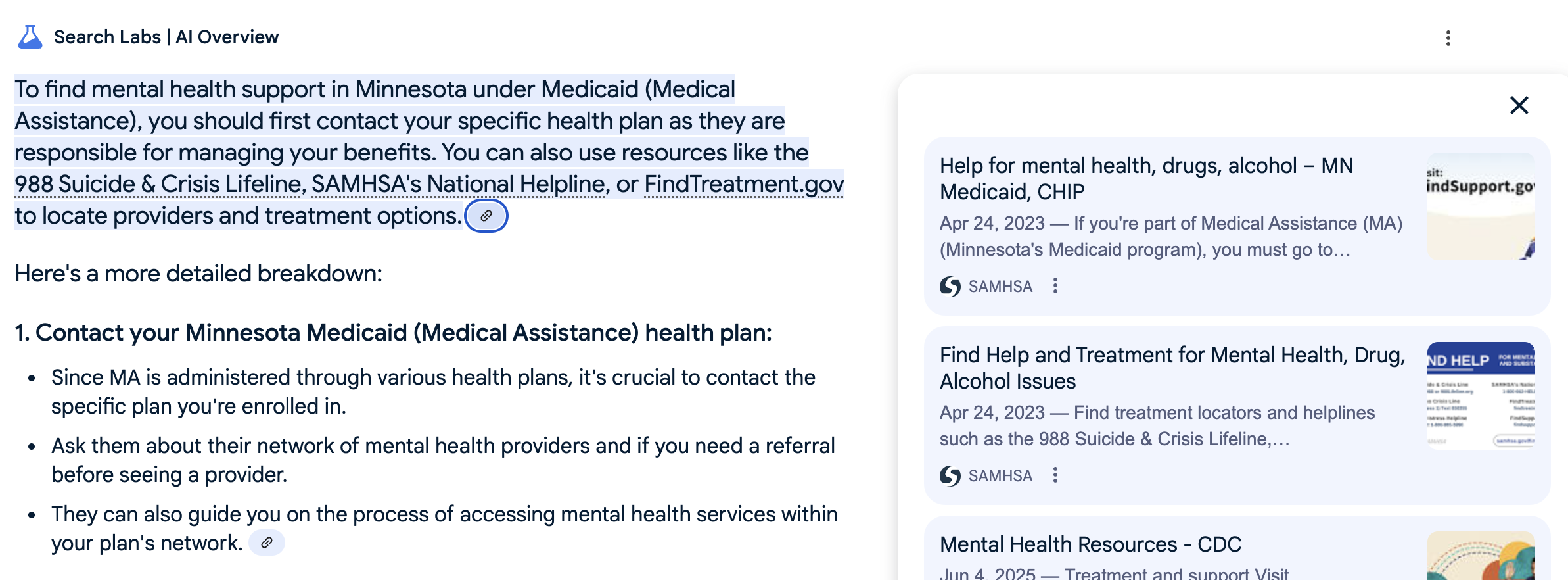 Google AI LAbs serving up Findsupport.gov content when asked about state resources.