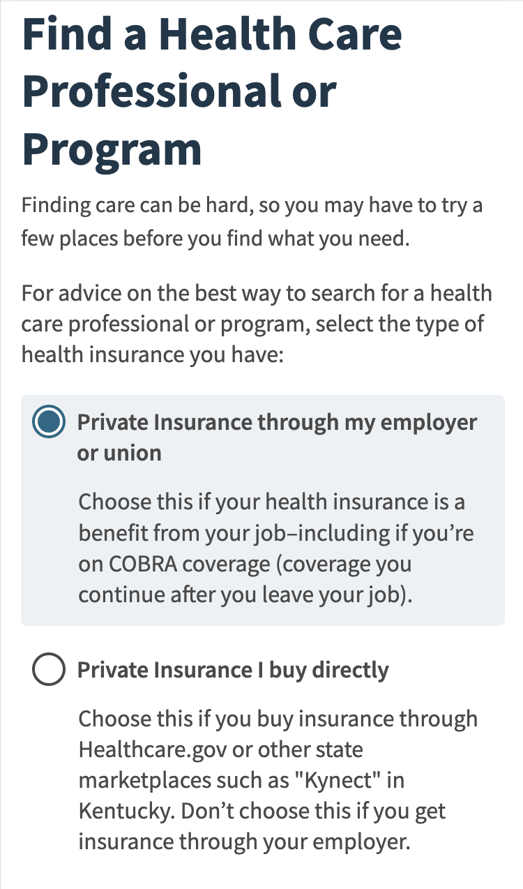 Findsupport on mobile showing options for insurance payment.