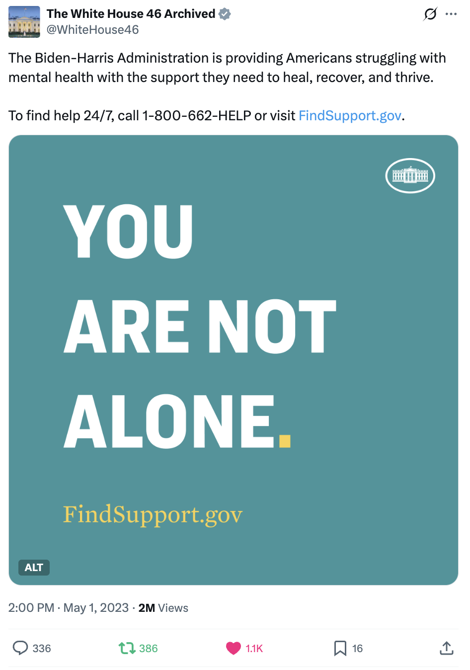 Tweet from White House's Twitter Account.