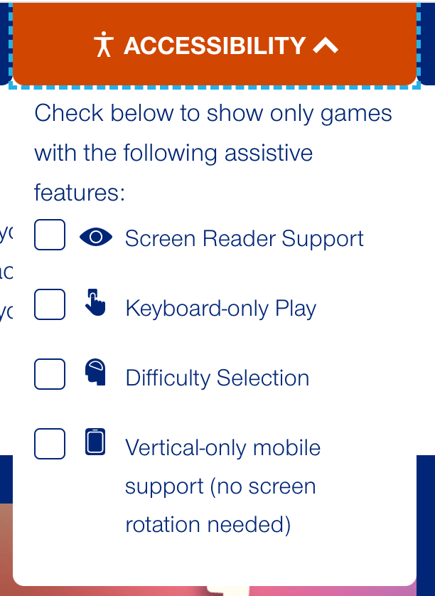 Screenshot of the Game Center's accessibility dropdown that showcases checkboxes to filter games based on screen reader support, keyboard-only play, difficulty selection, and vertical only mobile support.
