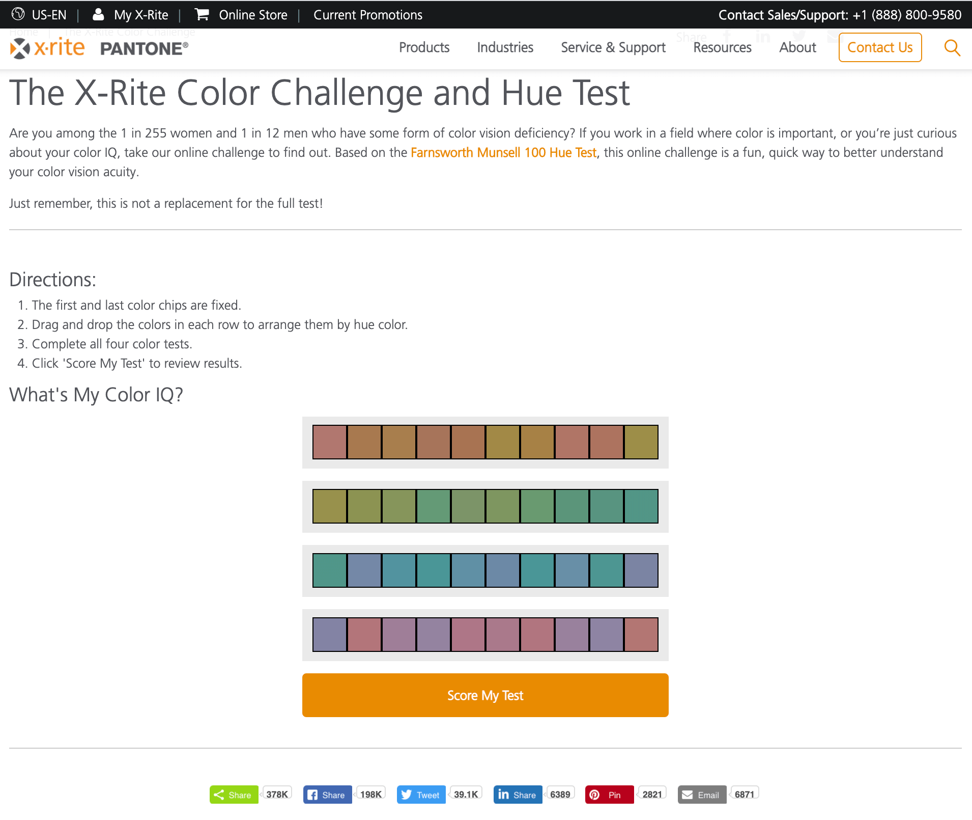 Screenshot of the X-Rite Color Challenge with over 378,000 shares.